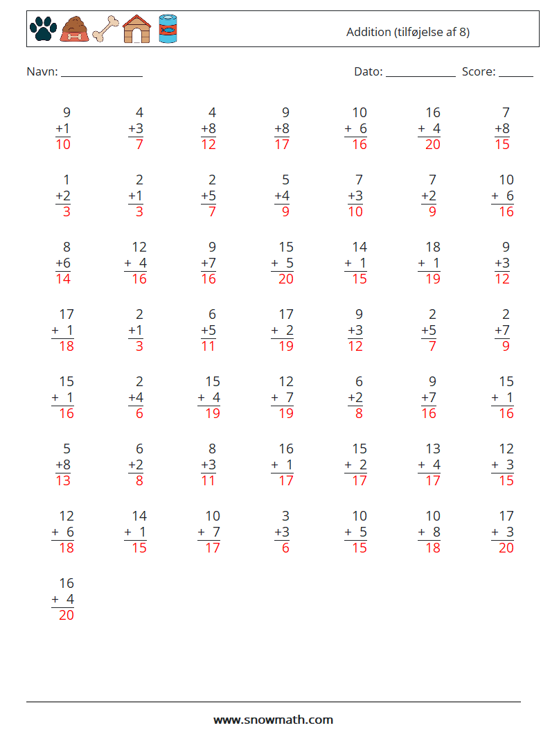 (50) Addition (tilføjelse af 8) Matematiske regneark 14 Spørgsmål, svar