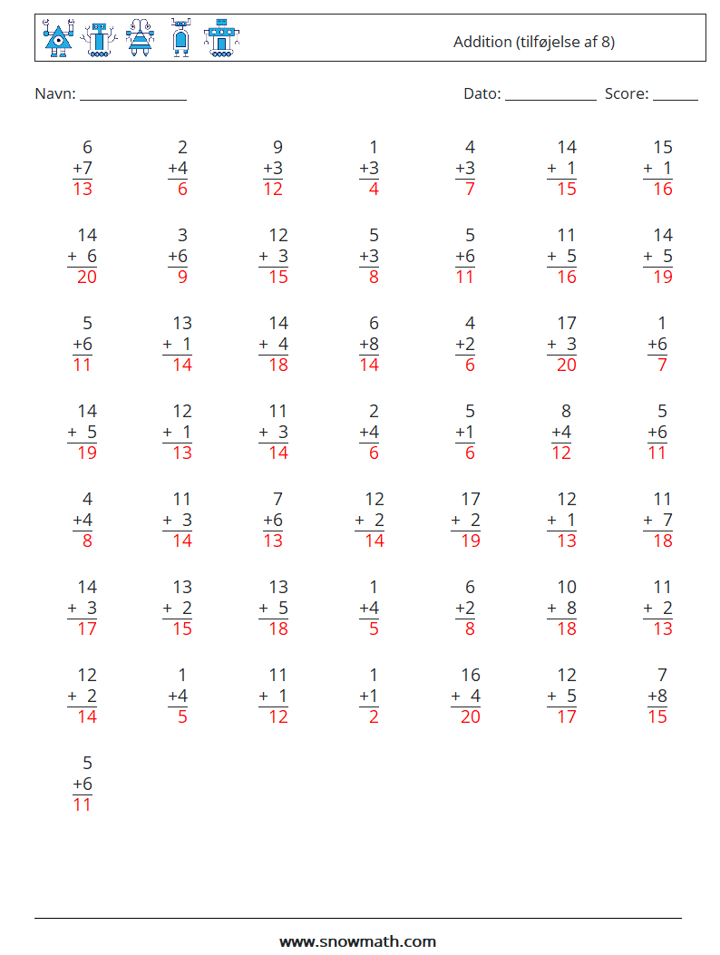 (50) Addition (tilføjelse af 8) Matematiske regneark 17 Spørgsmål, svar