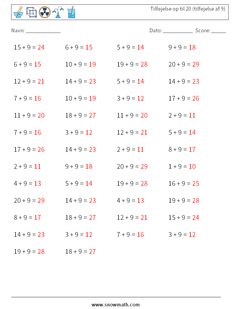 (50) Tilføjelse op til 20 (tilføjelse af 9) Matematiske regneark 1 Spørgsmål, svar
