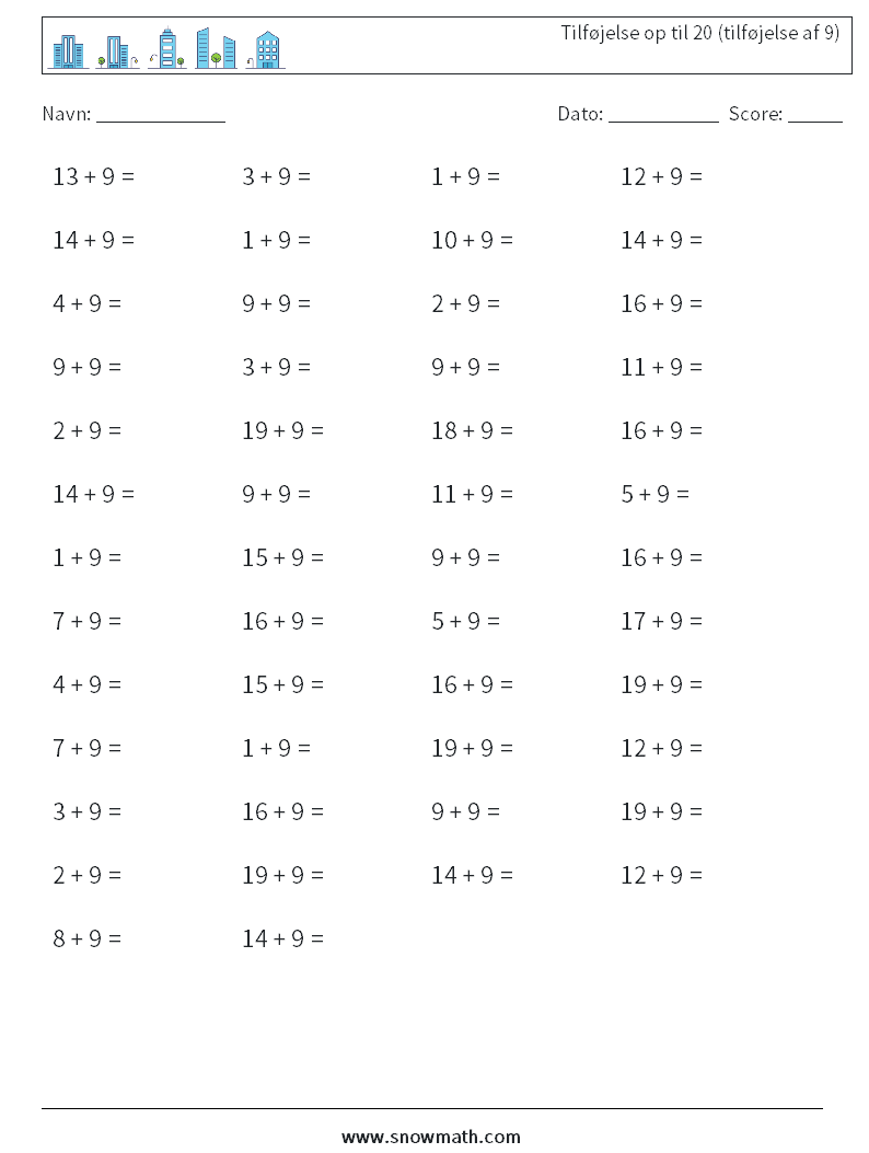 (50) Tilføjelse op til 20 (tilføjelse af 9) Matematiske regneark 2