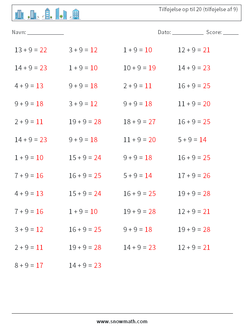 (50) Tilføjelse op til 20 (tilføjelse af 9) Matematiske regneark 2 Spørgsmål, svar