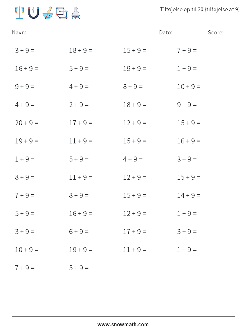 (50) Tilføjelse op til 20 (tilføjelse af 9) Matematiske regneark 3