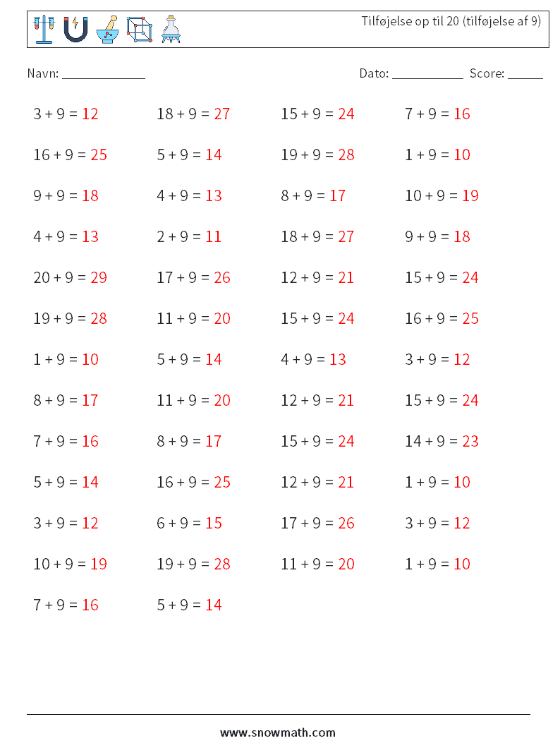 (50) Tilføjelse op til 20 (tilføjelse af 9) Matematiske regneark 3 Spørgsmål, svar