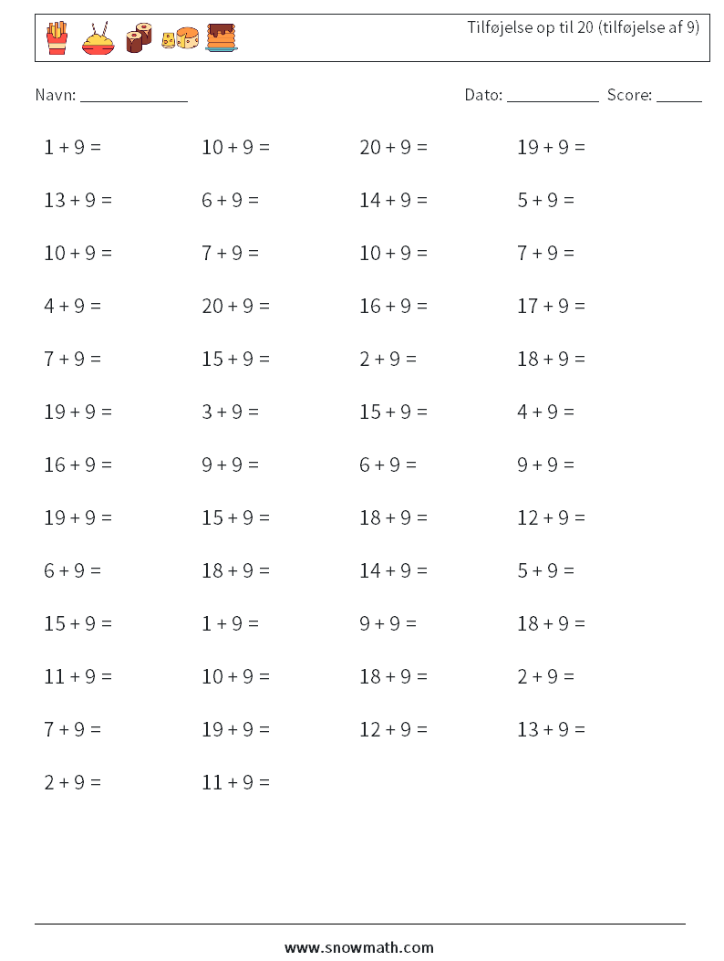 (50) Tilføjelse op til 20 (tilføjelse af 9) Matematiske regneark 4