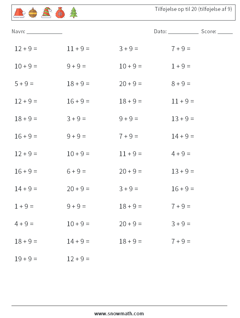 (50) Tilføjelse op til 20 (tilføjelse af 9) Matematiske regneark 5