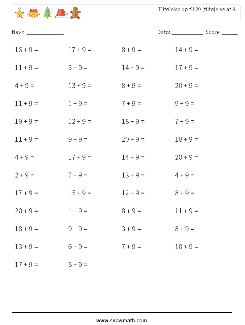 (50) Tilføjelse op til 20 (tilføjelse af 9) Matematiske regneark 6
