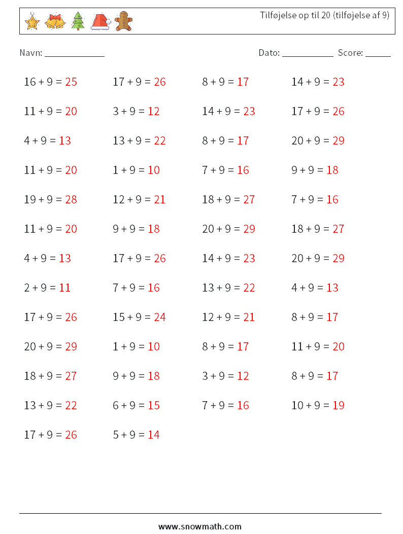 (50) Tilføjelse op til 20 (tilføjelse af 9) Matematiske regneark 6 Spørgsmål, svar