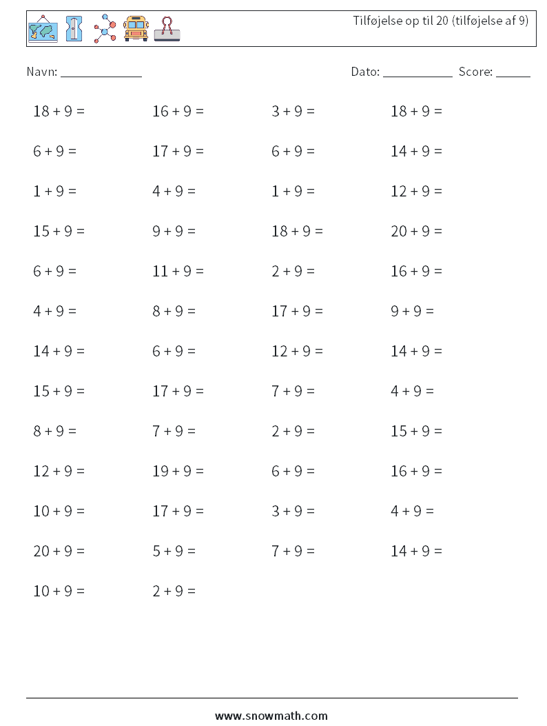 (50) Tilføjelse op til 20 (tilføjelse af 9) Matematiske regneark 8