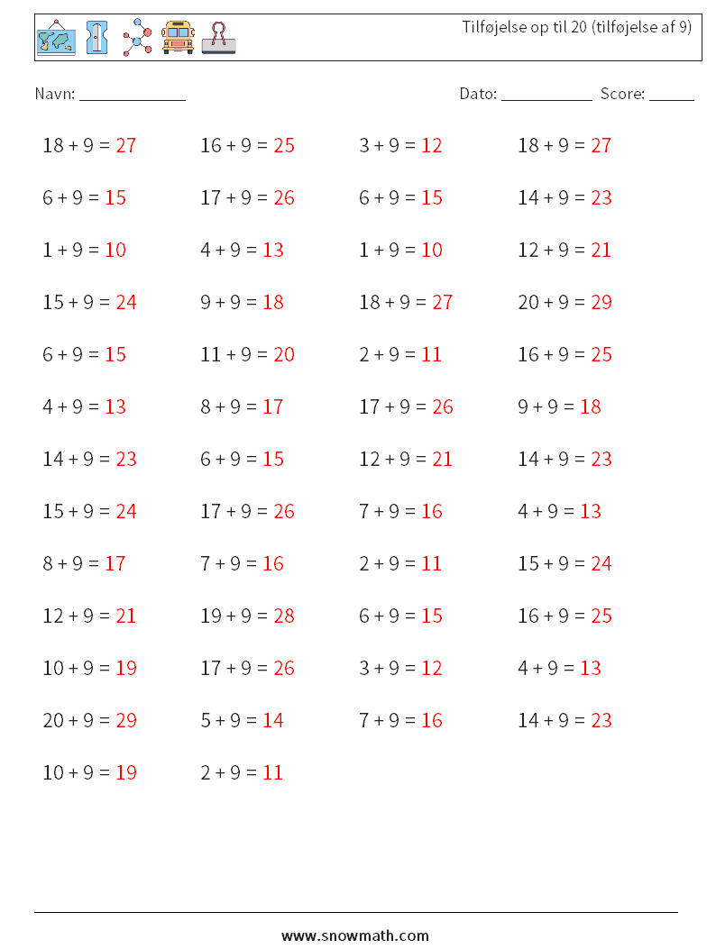 (50) Tilføjelse op til 20 (tilføjelse af 9) Matematiske regneark 8 Spørgsmål, svar