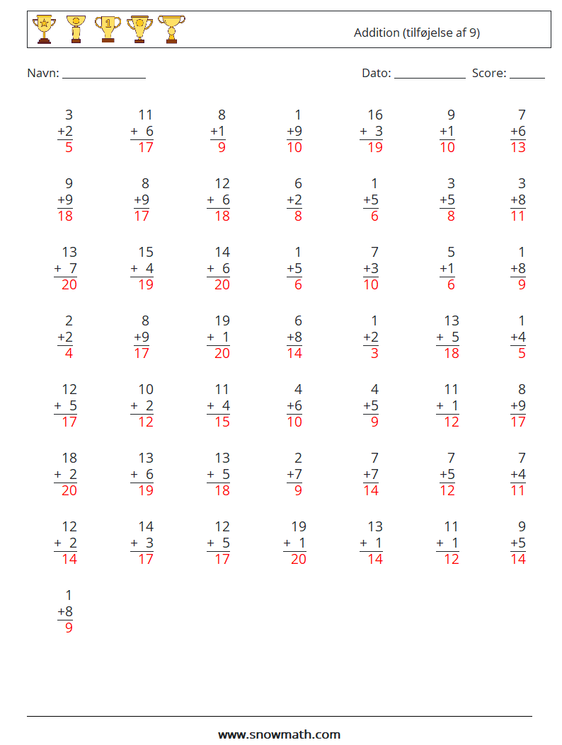 (50) Addition (tilføjelse af 9) Matematiske regneark 12 Spørgsmål, svar