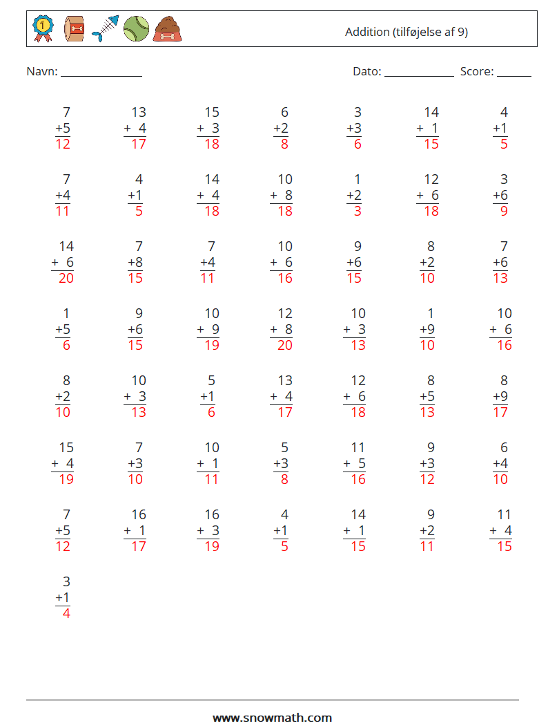 (50) Addition (tilføjelse af 9) Matematiske regneark 13 Spørgsmål, svar