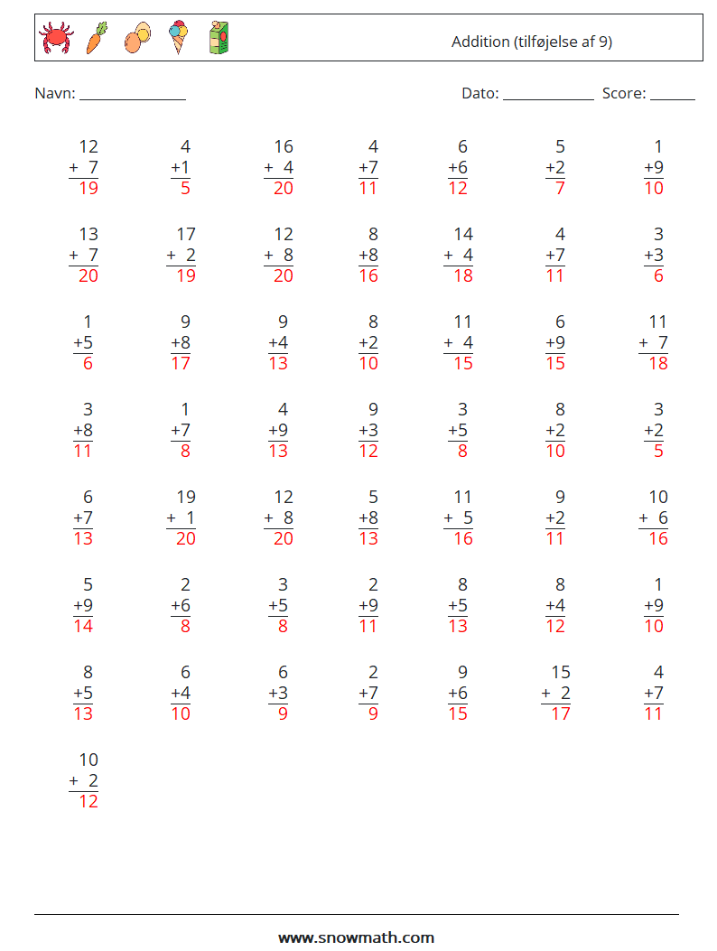 (50) Addition (tilføjelse af 9) Matematiske regneark 14 Spørgsmål, svar