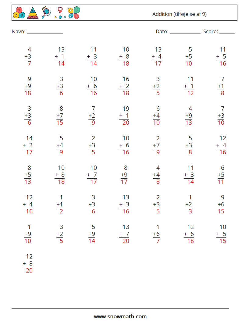 (50) Addition (tilføjelse af 9) Matematiske regneark 15 Spørgsmål, svar