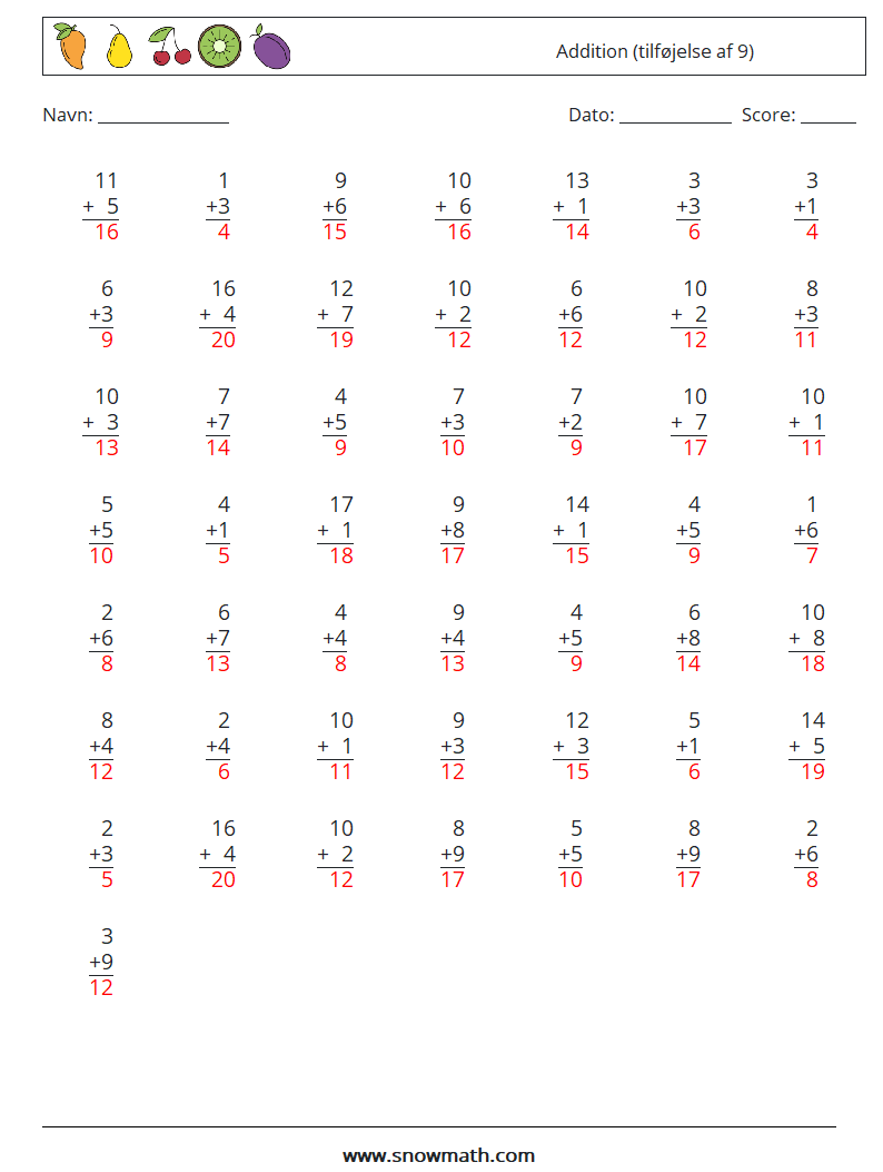 (50) Addition (tilføjelse af 9) Matematiske regneark 16 Spørgsmål, svar