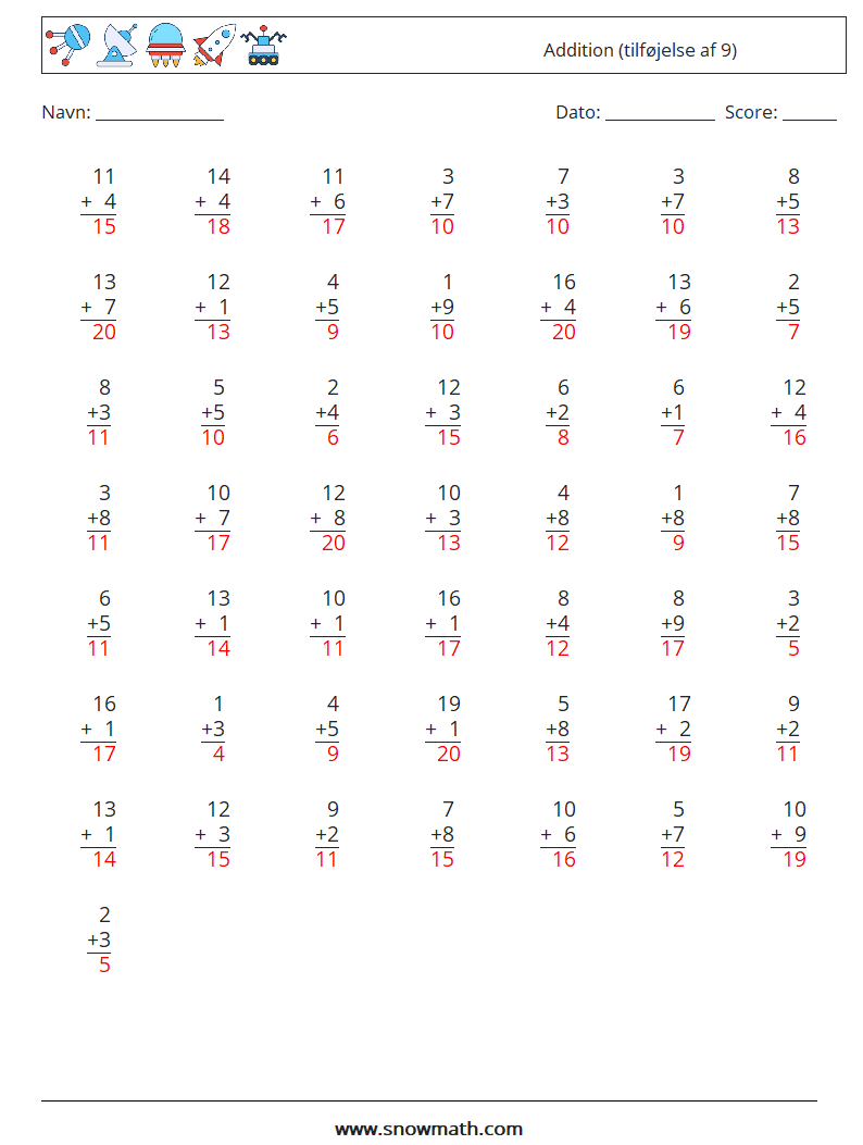 (50) Addition (tilføjelse af 9) Matematiske regneark 18 Spørgsmål, svar