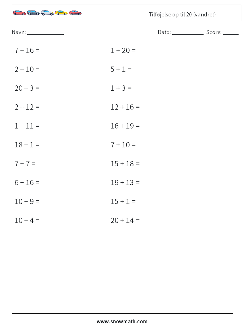 (20) Tilføjelse op til 20 (vandret) Matematiske regneark 3