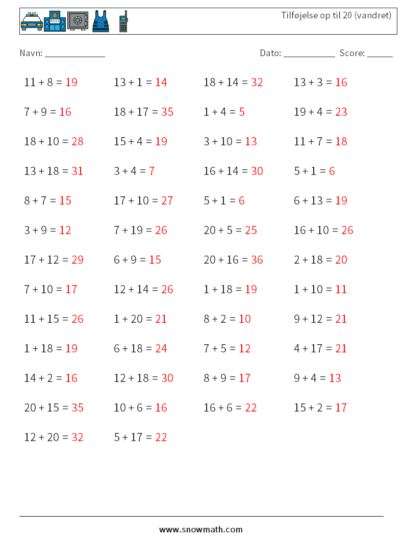 (50) Tilføjelse op til 20 (vandret) Matematiske regneark 1 Spørgsmål, svar