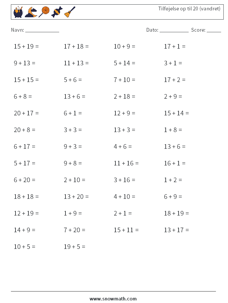 (50) Tilføjelse op til 20 (vandret) Matematiske regneark 2