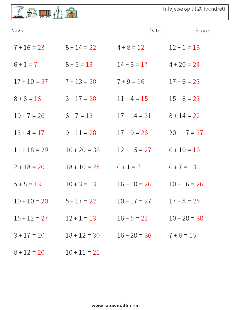 (50) Tilføjelse op til 20 (vandret) Matematiske regneark 3 Spørgsmål, svar