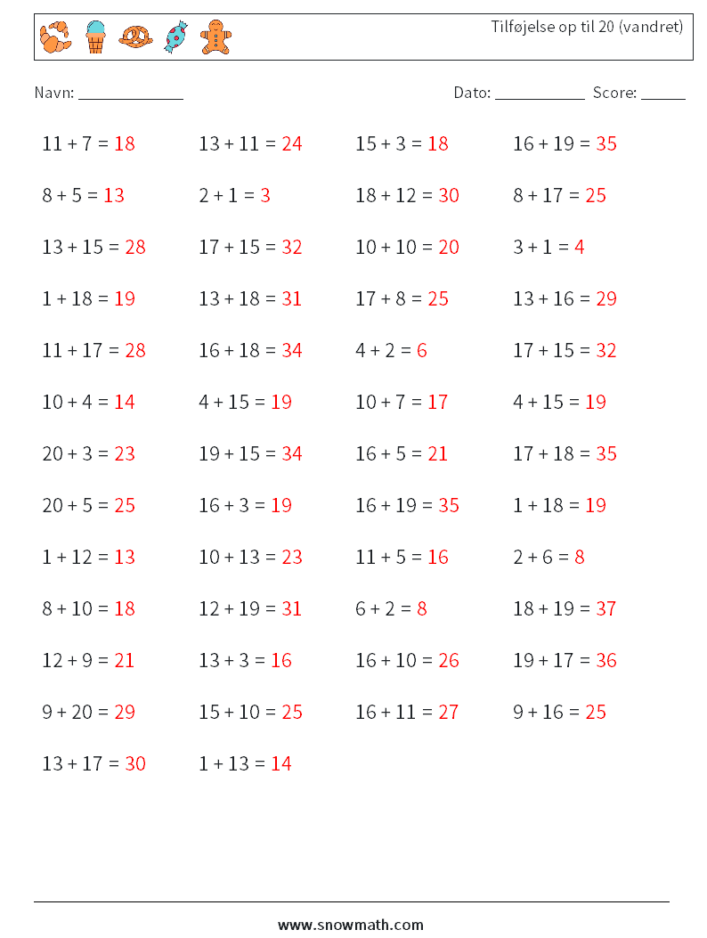 (50) Tilføjelse op til 20 (vandret) Matematiske regneark 4 Spørgsmål, svar