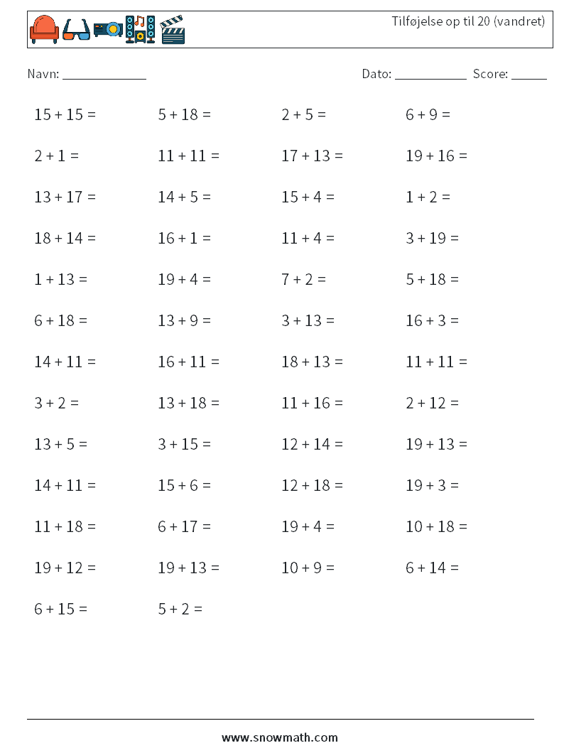 (50) Tilføjelse op til 20 (vandret) Matematiske regneark 5