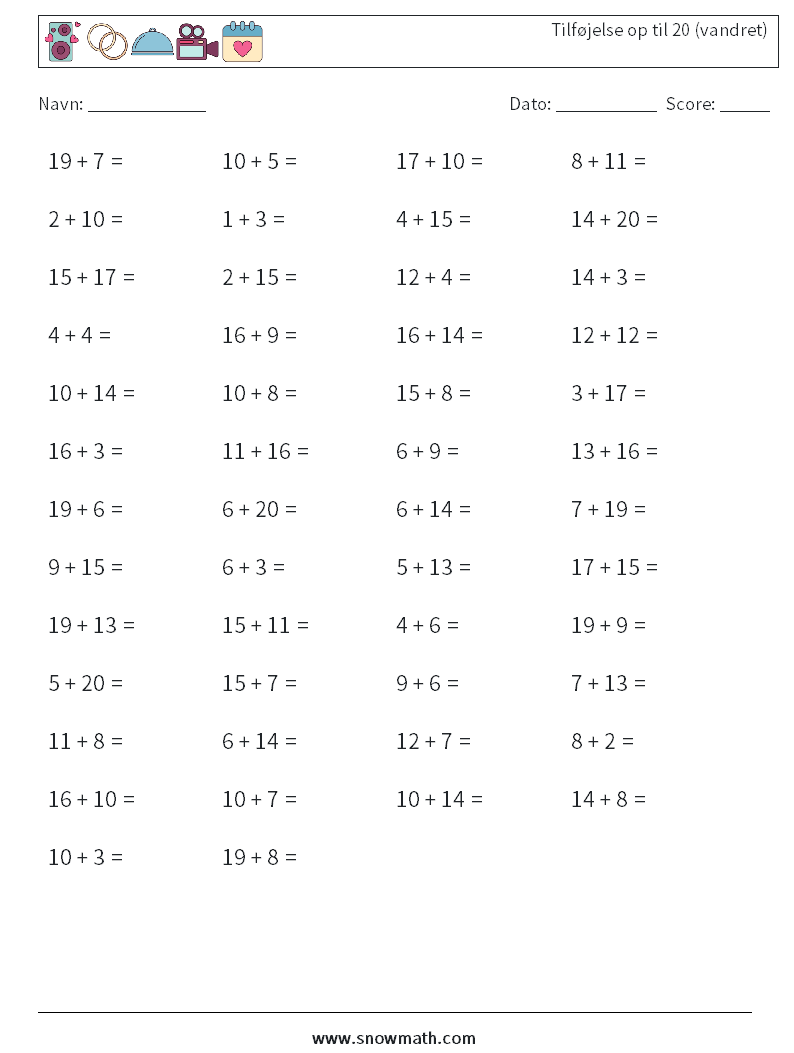 (50) Tilføjelse op til 20 (vandret) Matematiske regneark 7