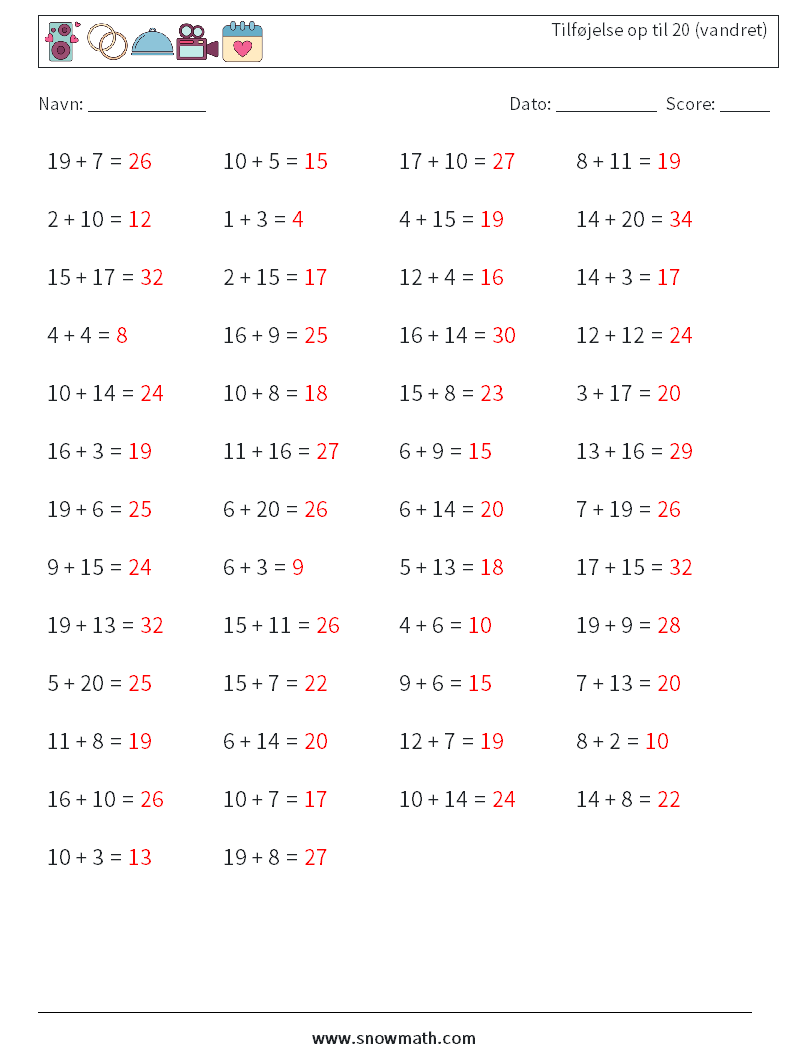 (50) Tilføjelse op til 20 (vandret) Matematiske regneark 7 Spørgsmål, svar