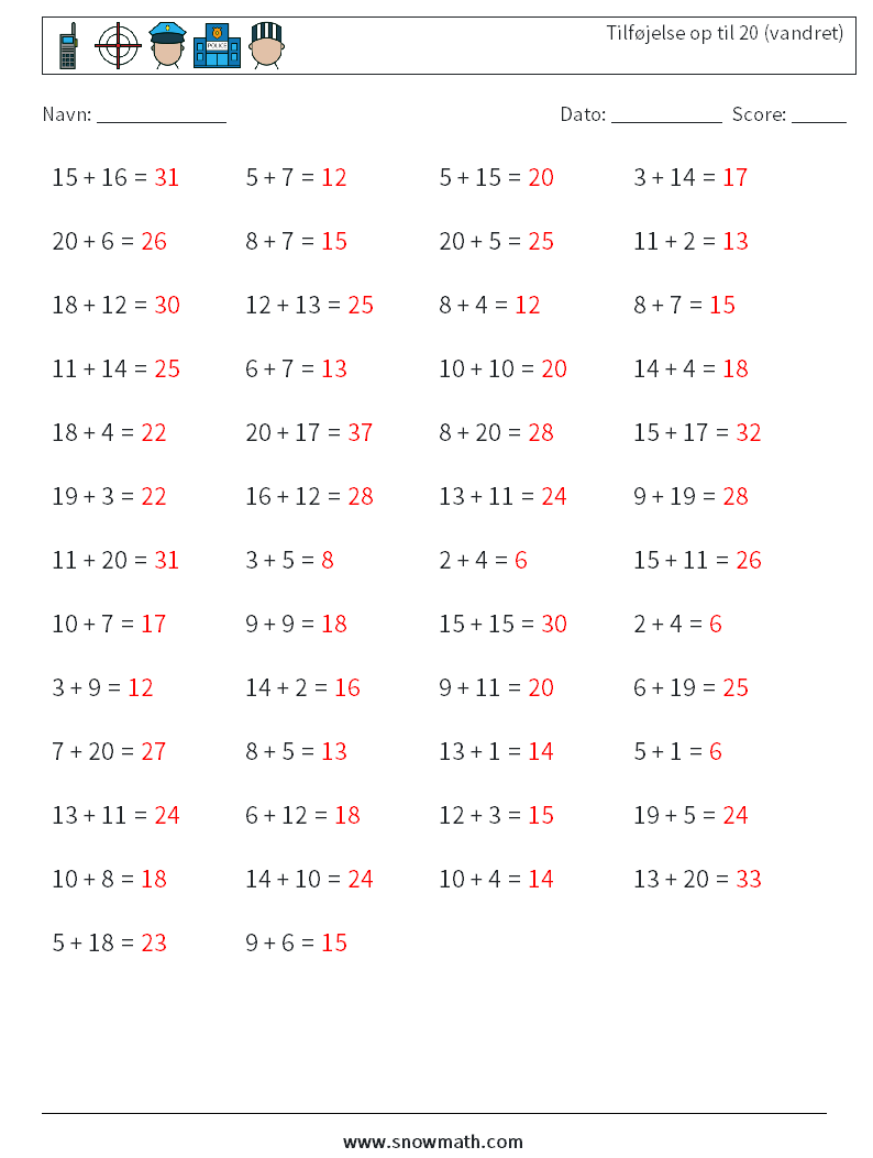 (50) Tilføjelse op til 20 (vandret) Matematiske regneark 8 Spørgsmål, svar