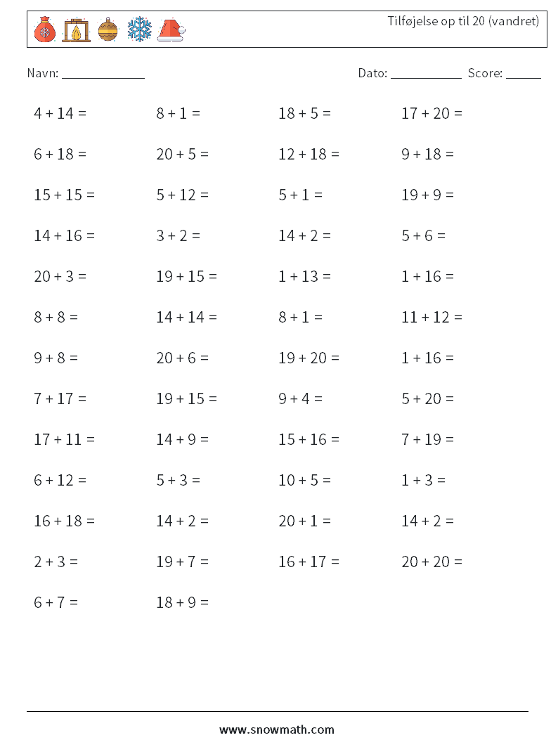 (50) Tilføjelse op til 20 (vandret) Matematiske regneark 9