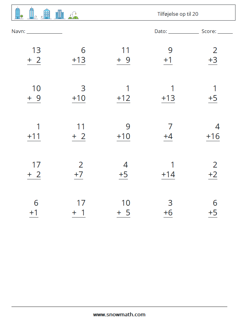 (25) Tilføjelse op til 20 Matematiske regneark 10