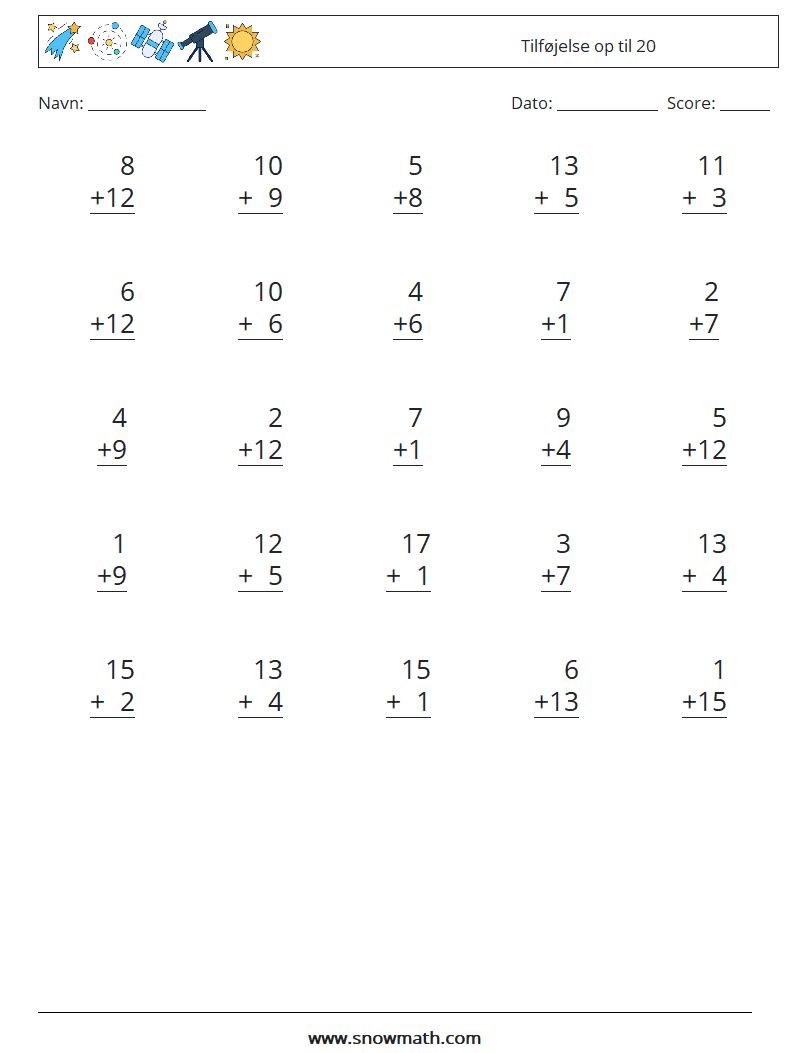 (25) Tilføjelse op til 20 Matematiske regneark 11