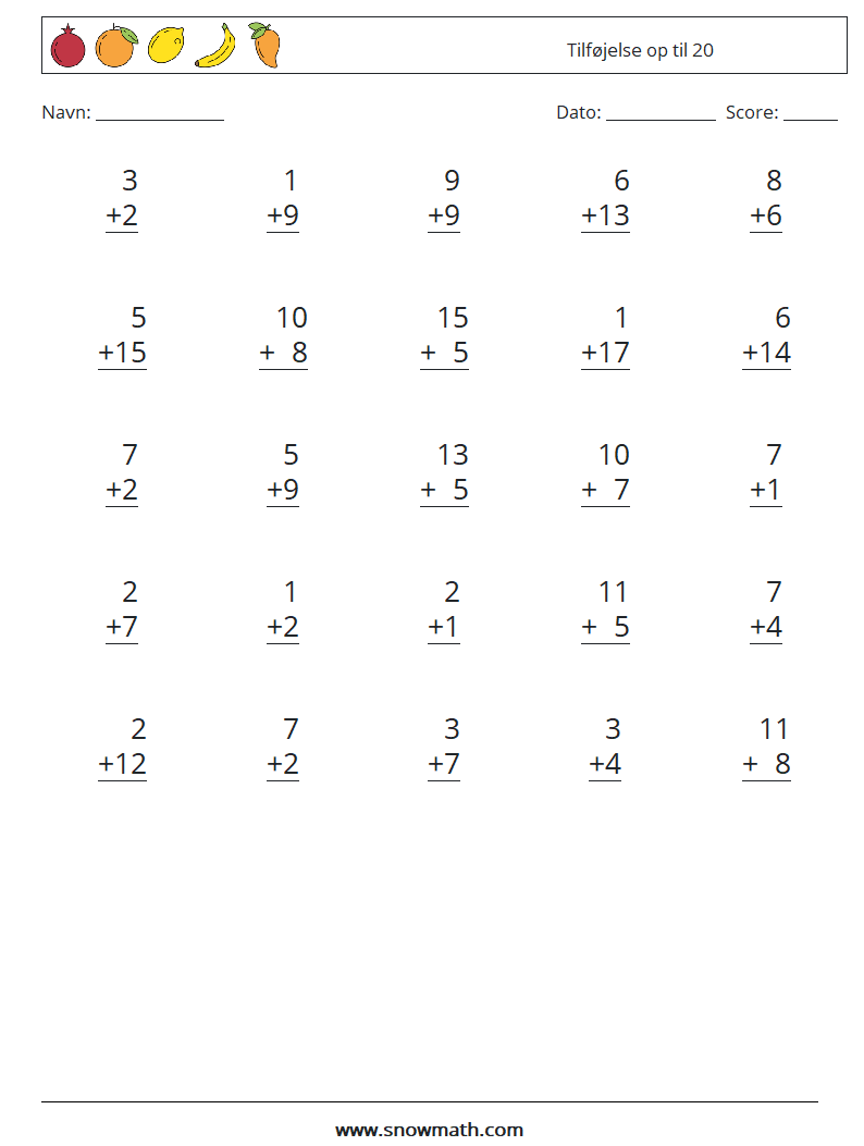 (25) Tilføjelse op til 20 Matematiske regneark 12