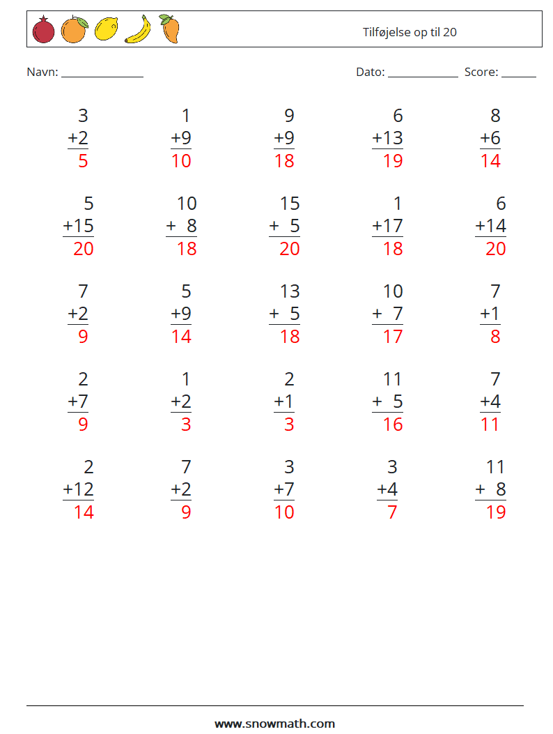 (25) Tilføjelse op til 20 Matematiske regneark 12 Spørgsmål, svar