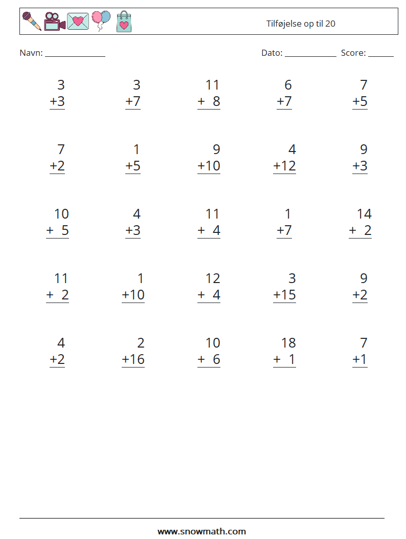 (25) Tilføjelse op til 20 Matematiske regneark 13