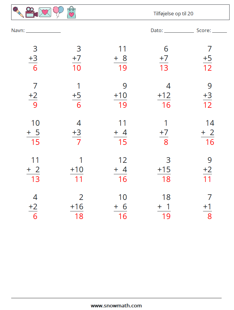 (25) Tilføjelse op til 20 Matematiske regneark 13 Spørgsmål, svar