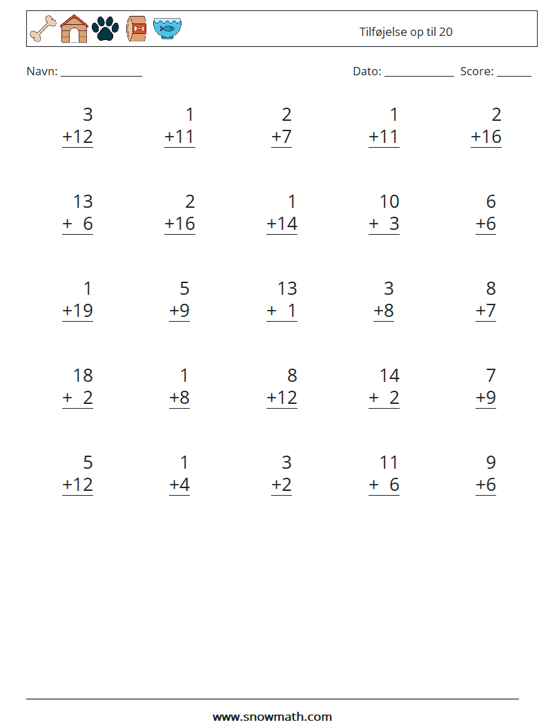 (25) Tilføjelse op til 20 Matematiske regneark 14