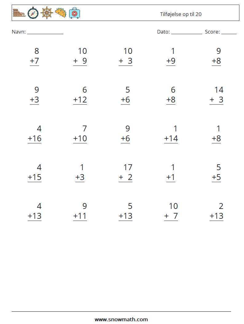 (25) Tilføjelse op til 20 Matematiske regneark 16