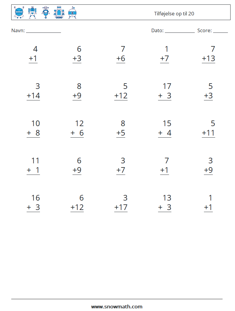 (25) Tilføjelse op til 20 Matematiske regneark 17