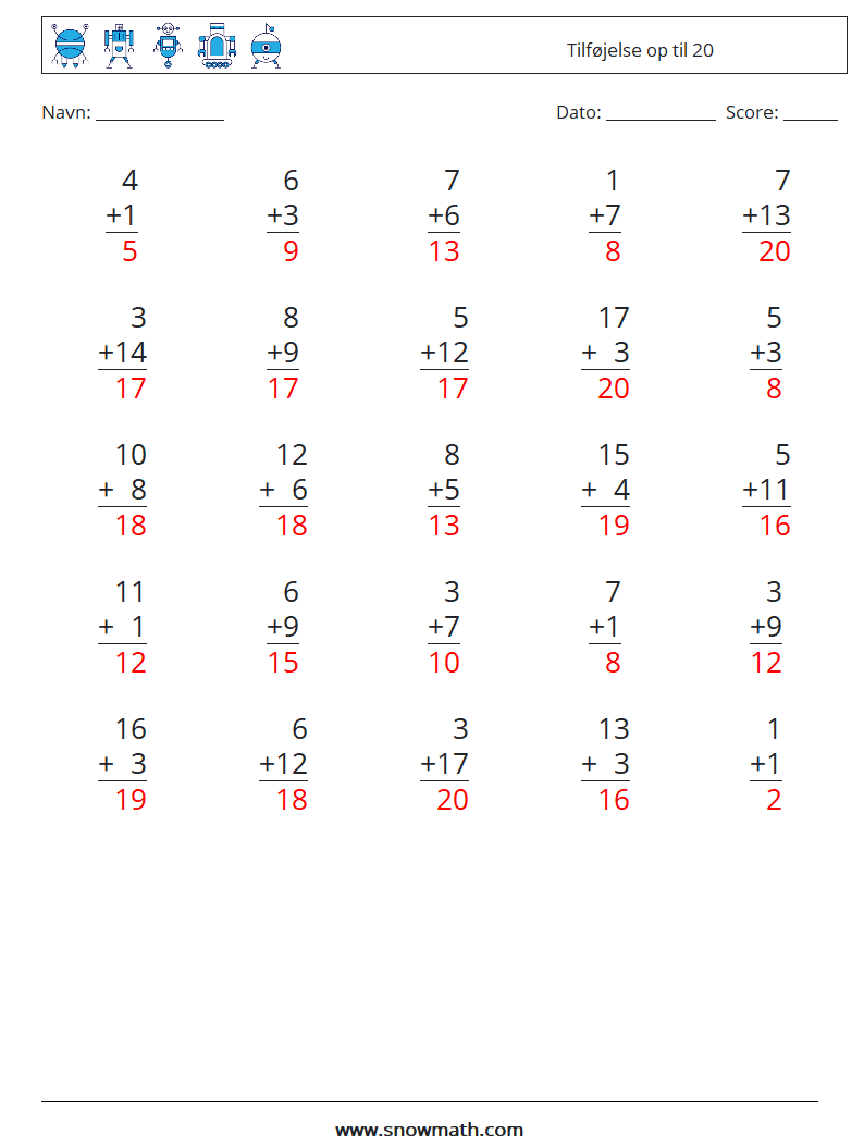 (25) Tilføjelse op til 20 Matematiske regneark 17 Spørgsmål, svar