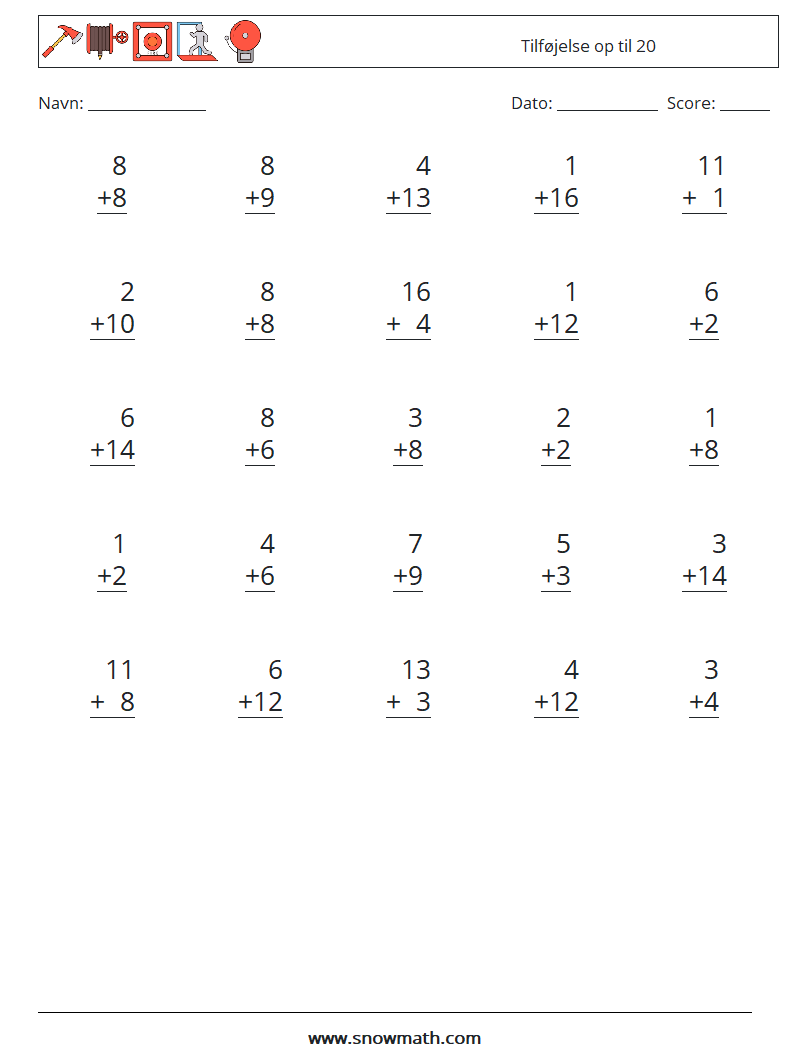 (25) Tilføjelse op til 20 Matematiske regneark 18