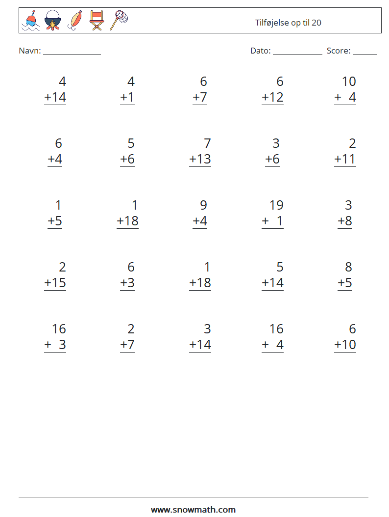(25) Tilføjelse op til 20 Matematiske regneark 2