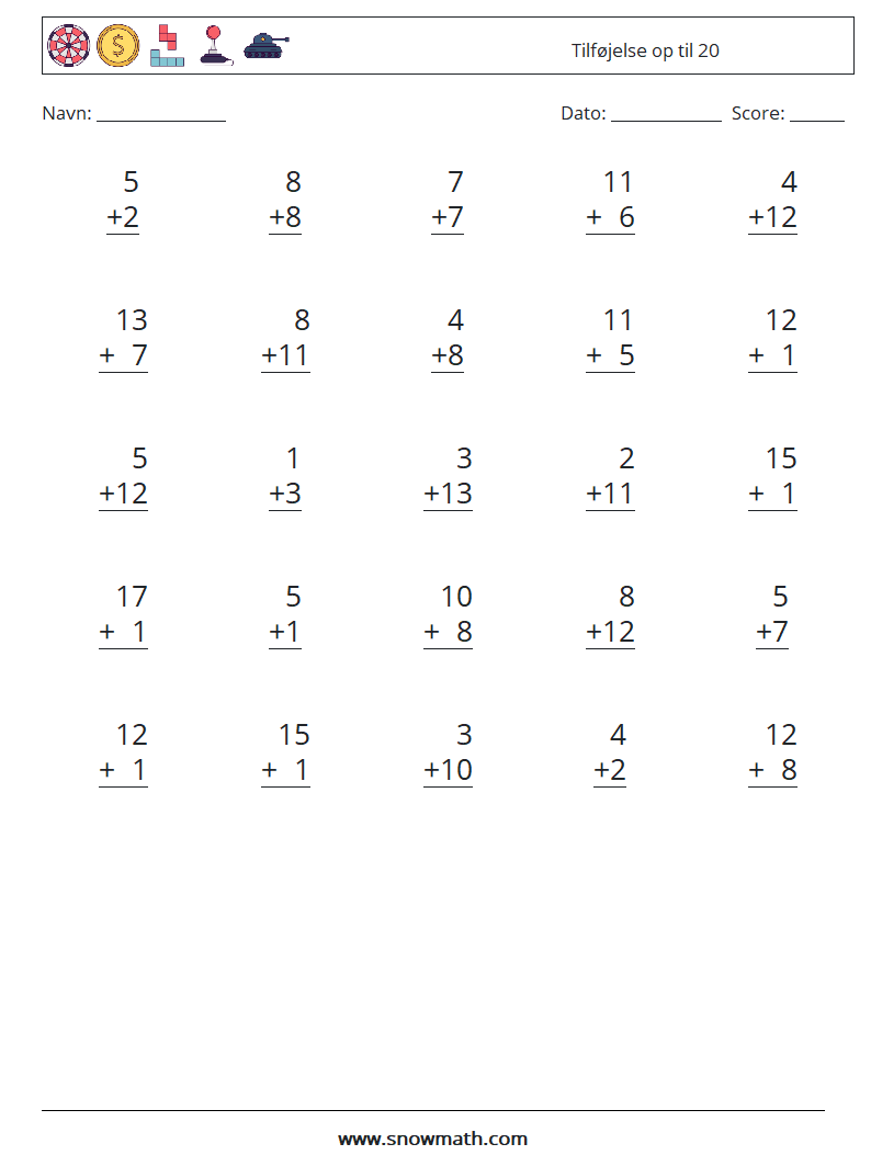 (25) Tilføjelse op til 20 Matematiske regneark 3