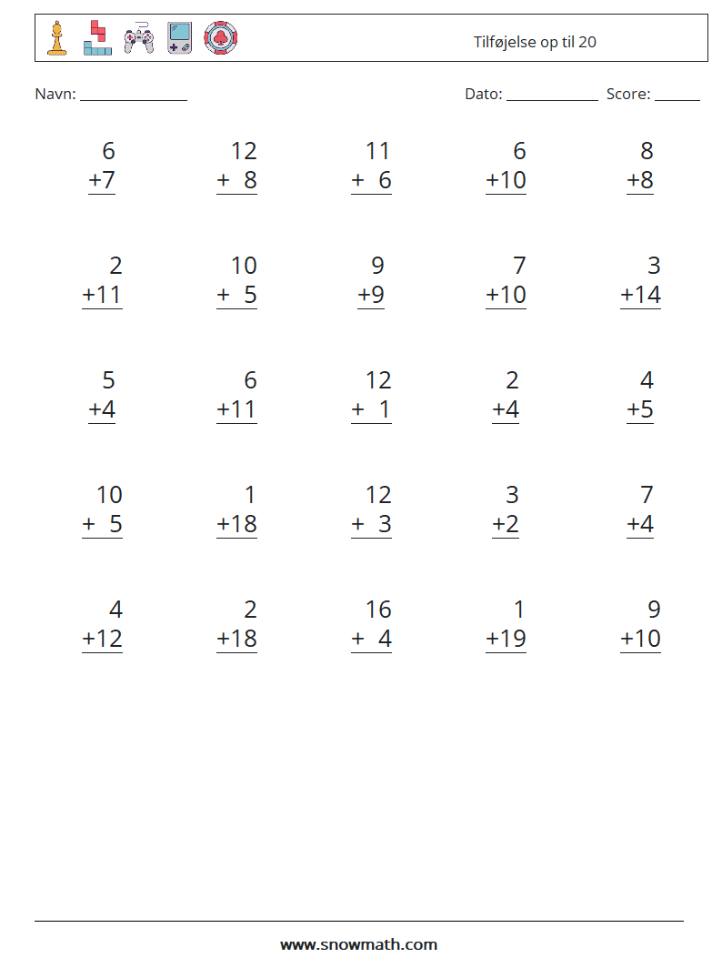 (25) Tilføjelse op til 20 Matematiske regneark 4