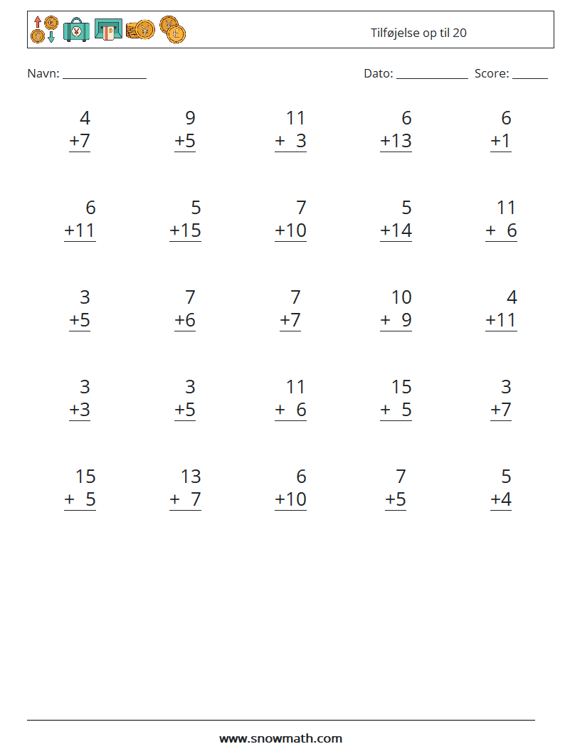 (25) Tilføjelse op til 20 Matematiske regneark 5