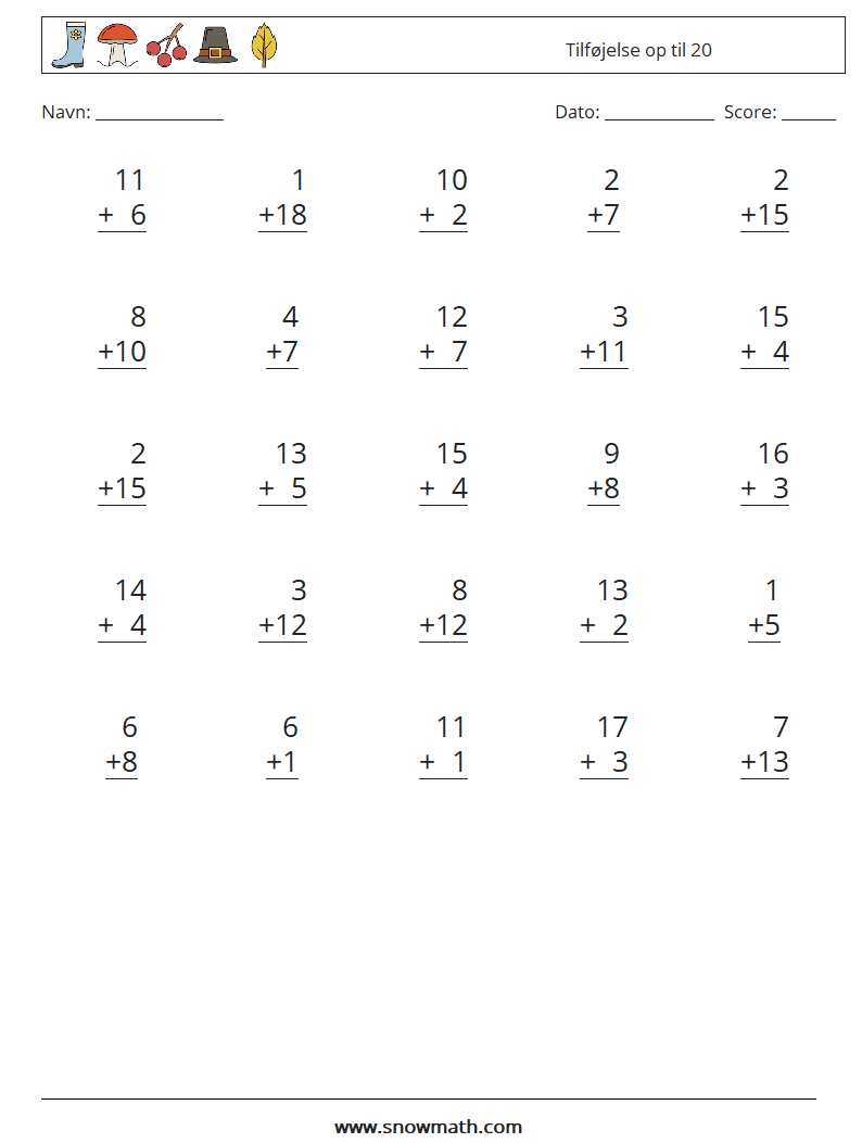 (25) Tilføjelse op til 20 Matematiske regneark 6