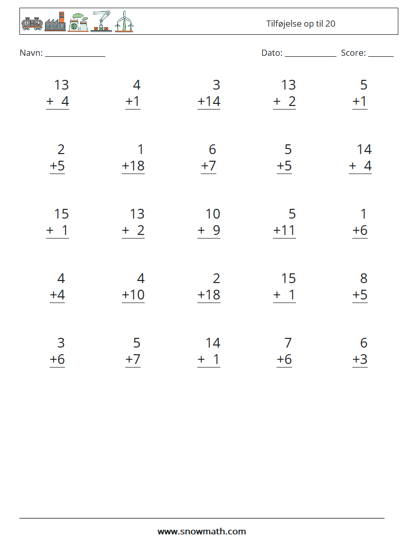 (25) Tilføjelse op til 20 Matematiske regneark 9