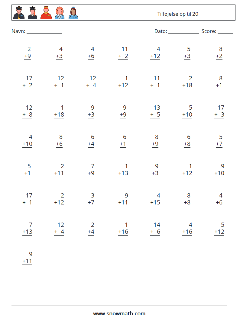 (50) Tilføjelse op til 20 Matematiske regneark 10