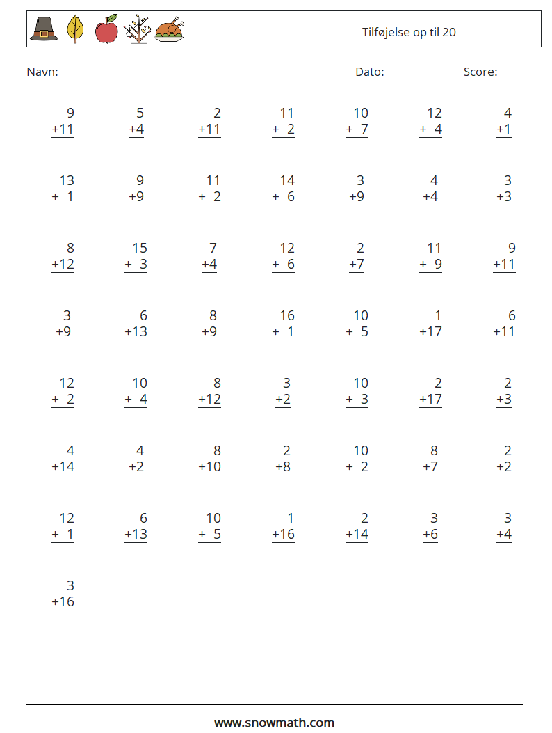 (50) Tilføjelse op til 20 Matematiske regneark 11