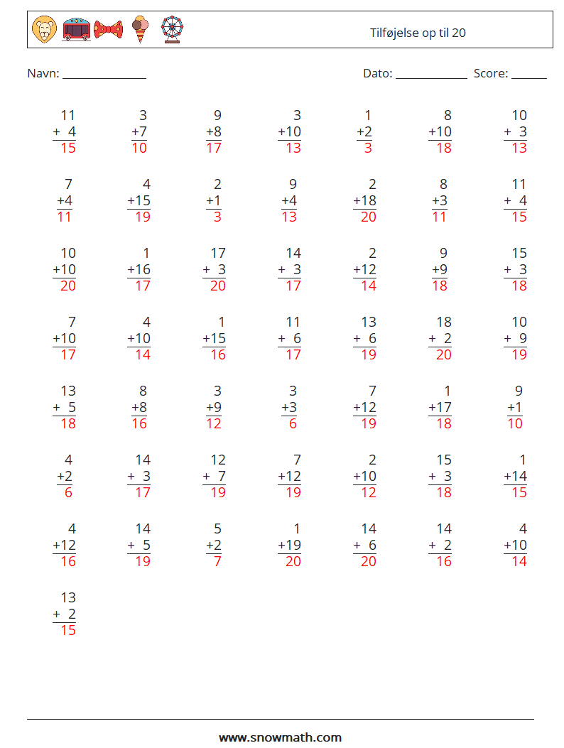 (50) Tilføjelse op til 20 Matematiske regneark 12 Spørgsmål, svar