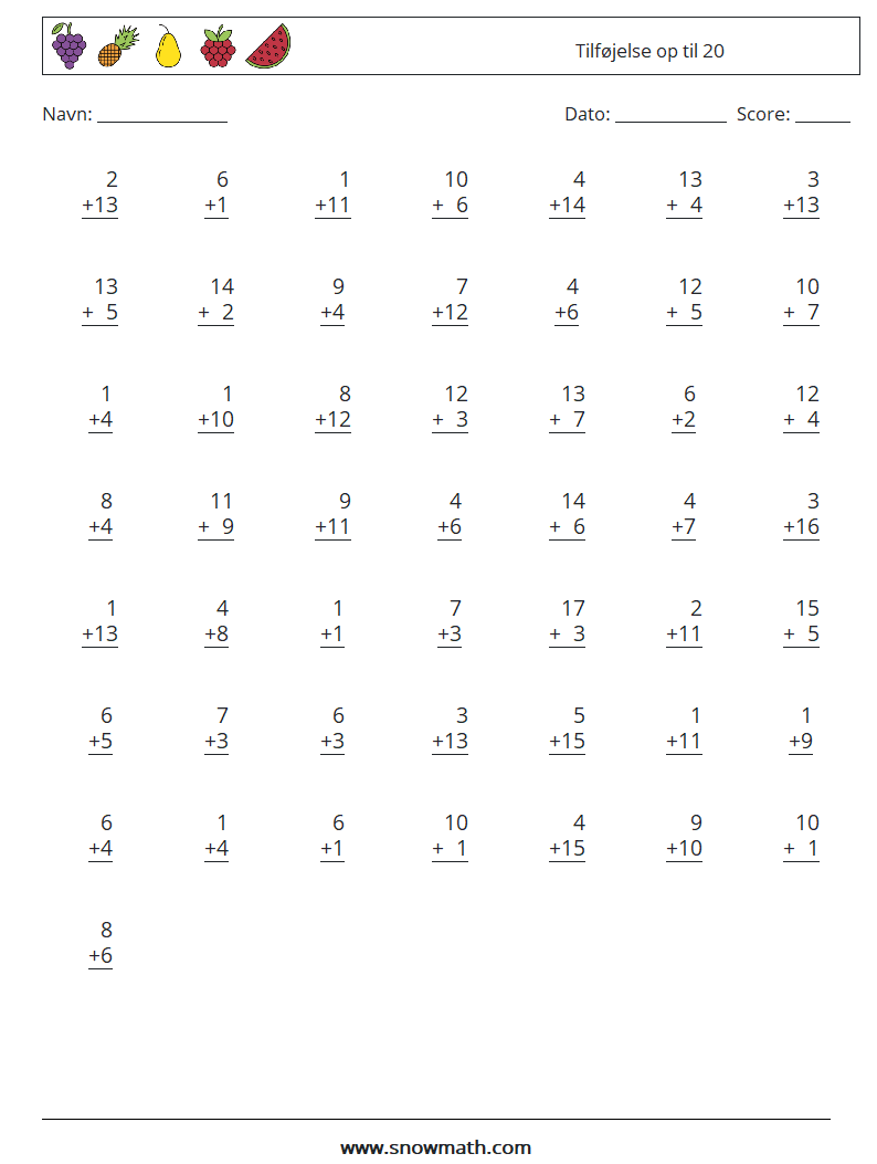 (50) Tilføjelse op til 20 Matematiske regneark 14